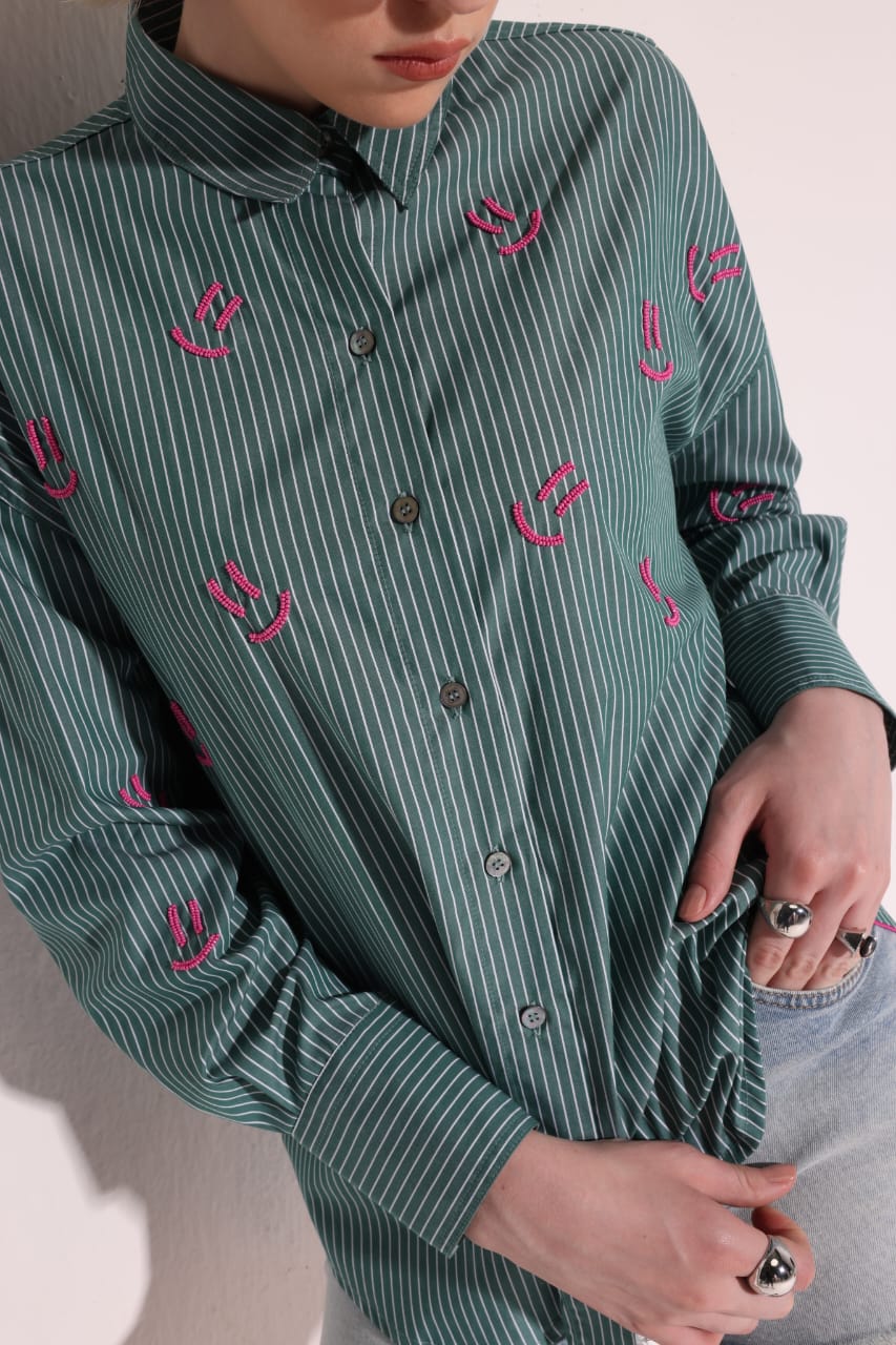 Pink Smiley in Green Stripes