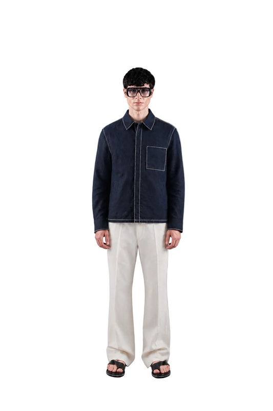 NAVY LINEN CROSS STITCH SHACKET