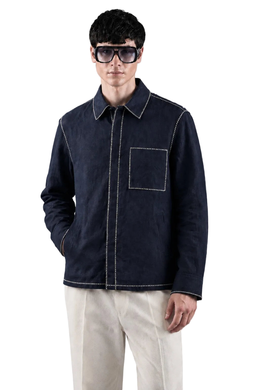 NAVY LINEN CROSS STITCH SHACKET